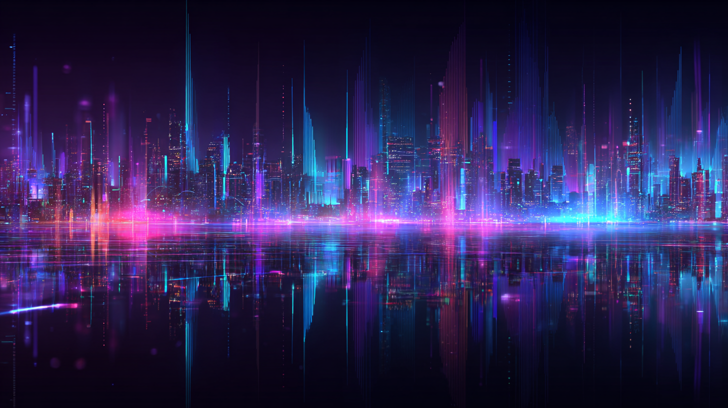 Futuristic city skyline with AI neural networks and holographic market charts representing technology foresight